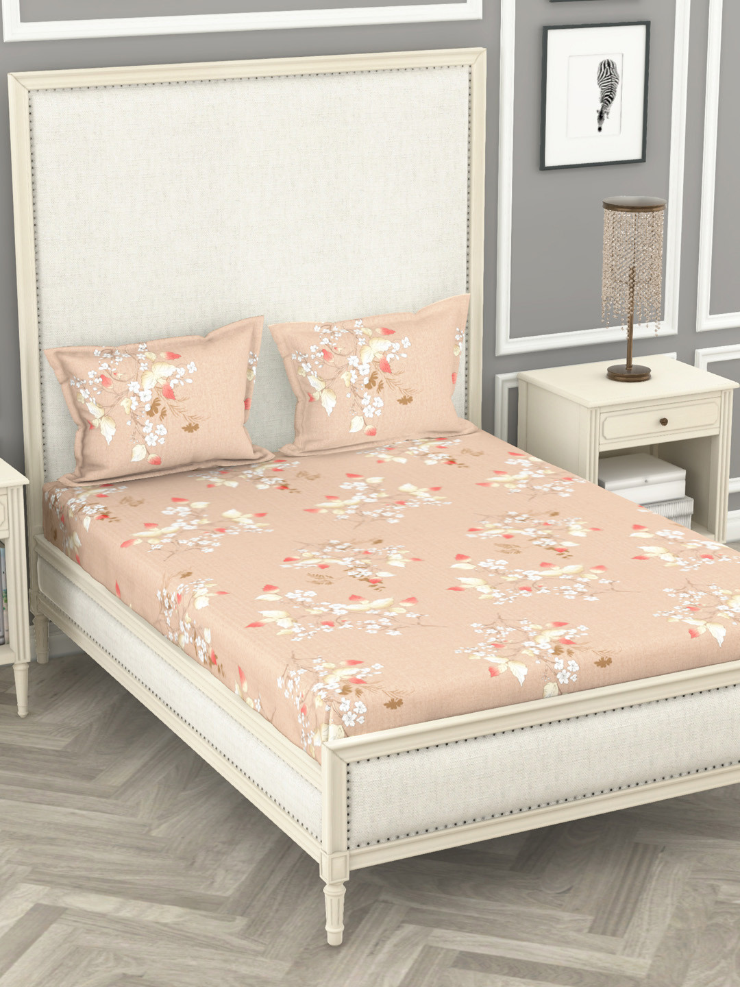 

BIANCA Geo Tokyo Floral 200 TC King Bedsheet with 2 Pillow Covers, Peach