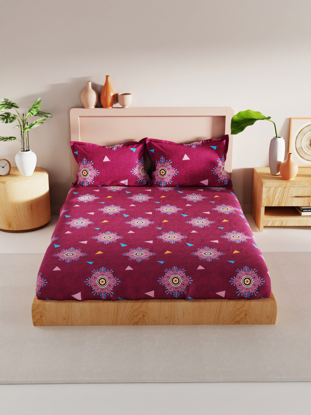 

BIANCA Geo Tokyo Ethnic Motifs 200 TC King Bedsheet with 2 Pillow Covers, Magenta
