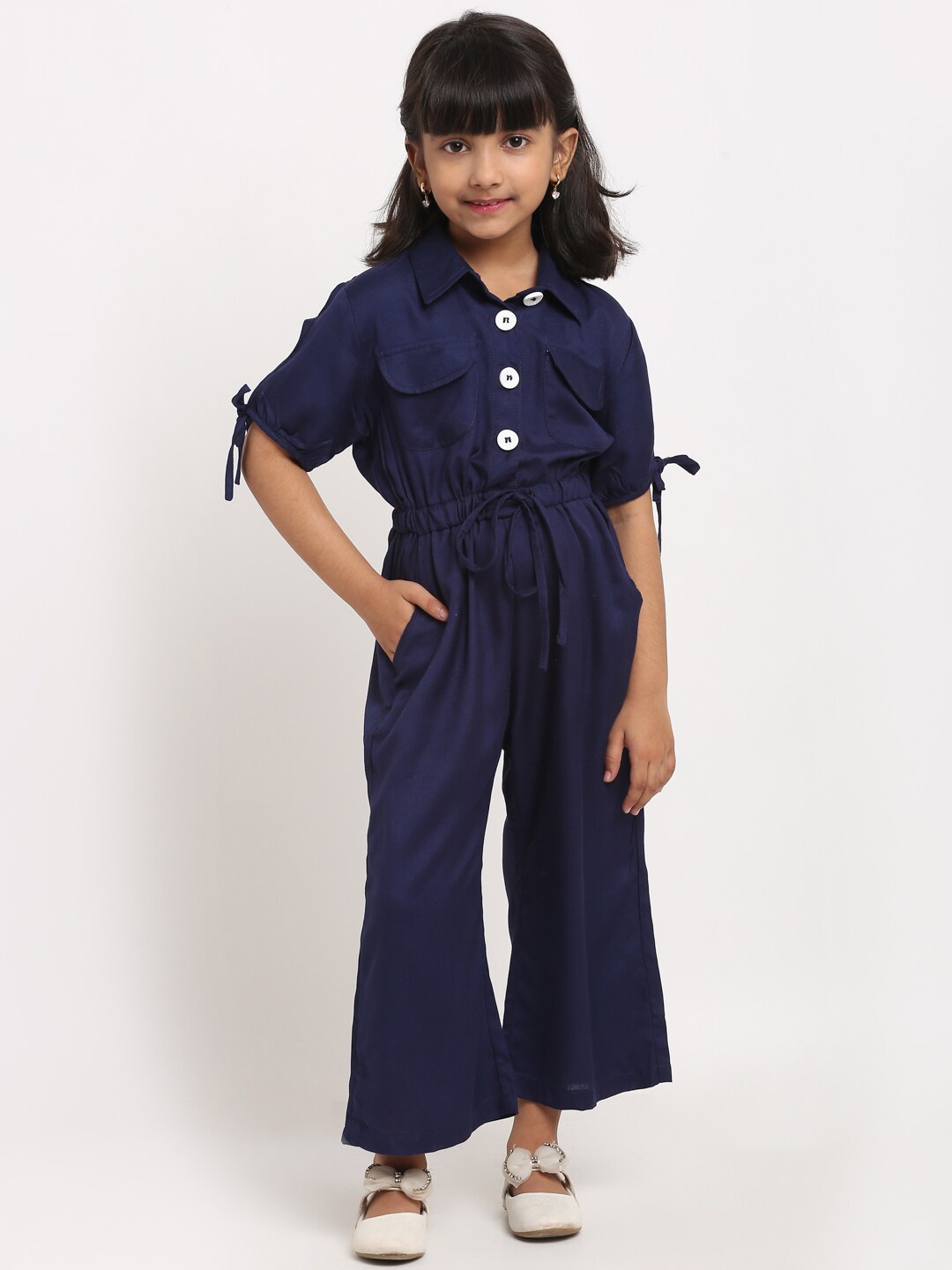 

Superminis Girls Navy Blue Solid Culotte Jumpsuit