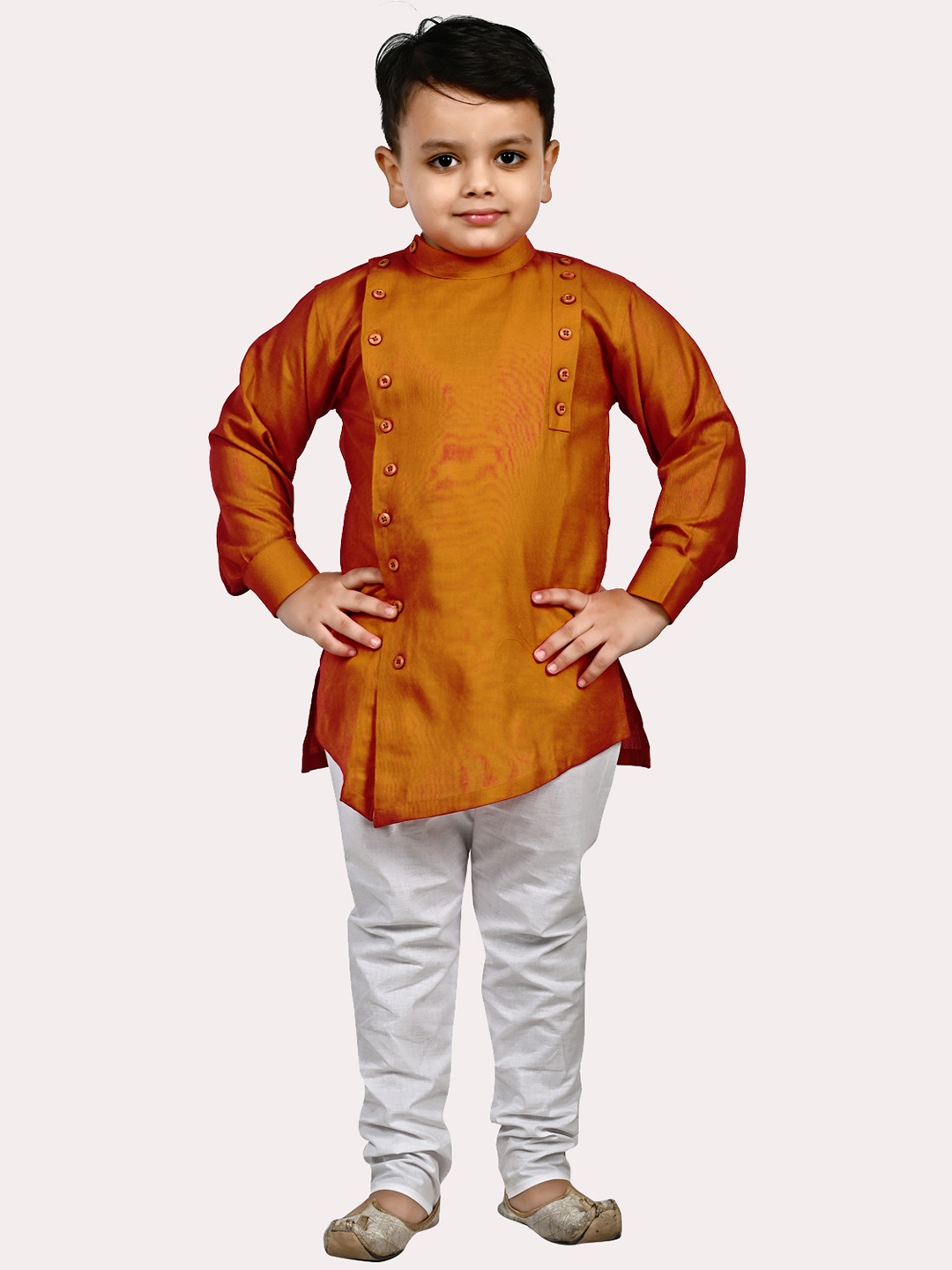 

Superminis Boys Mustard Yellow Angrakha Pure Cotton Kurta with Pyjamas