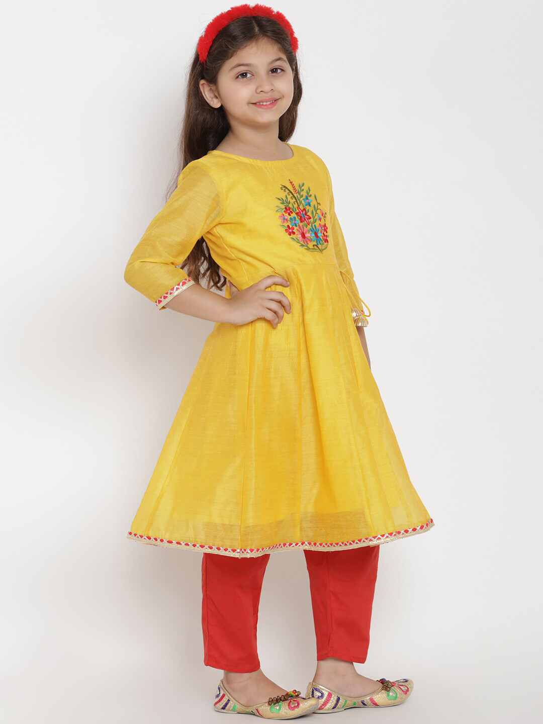 

Bitiya by Bhama Girls Yellow Pure Silk Kurti with Churidar & Dupatta
