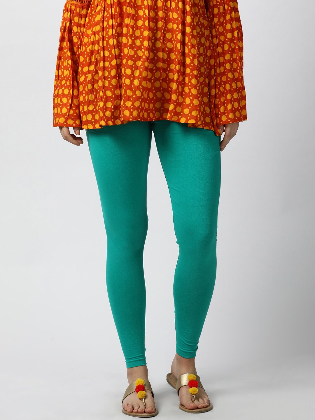 

GOLDSTROMS Women Sea Green Solid Ankle-Length Cotton Leggings