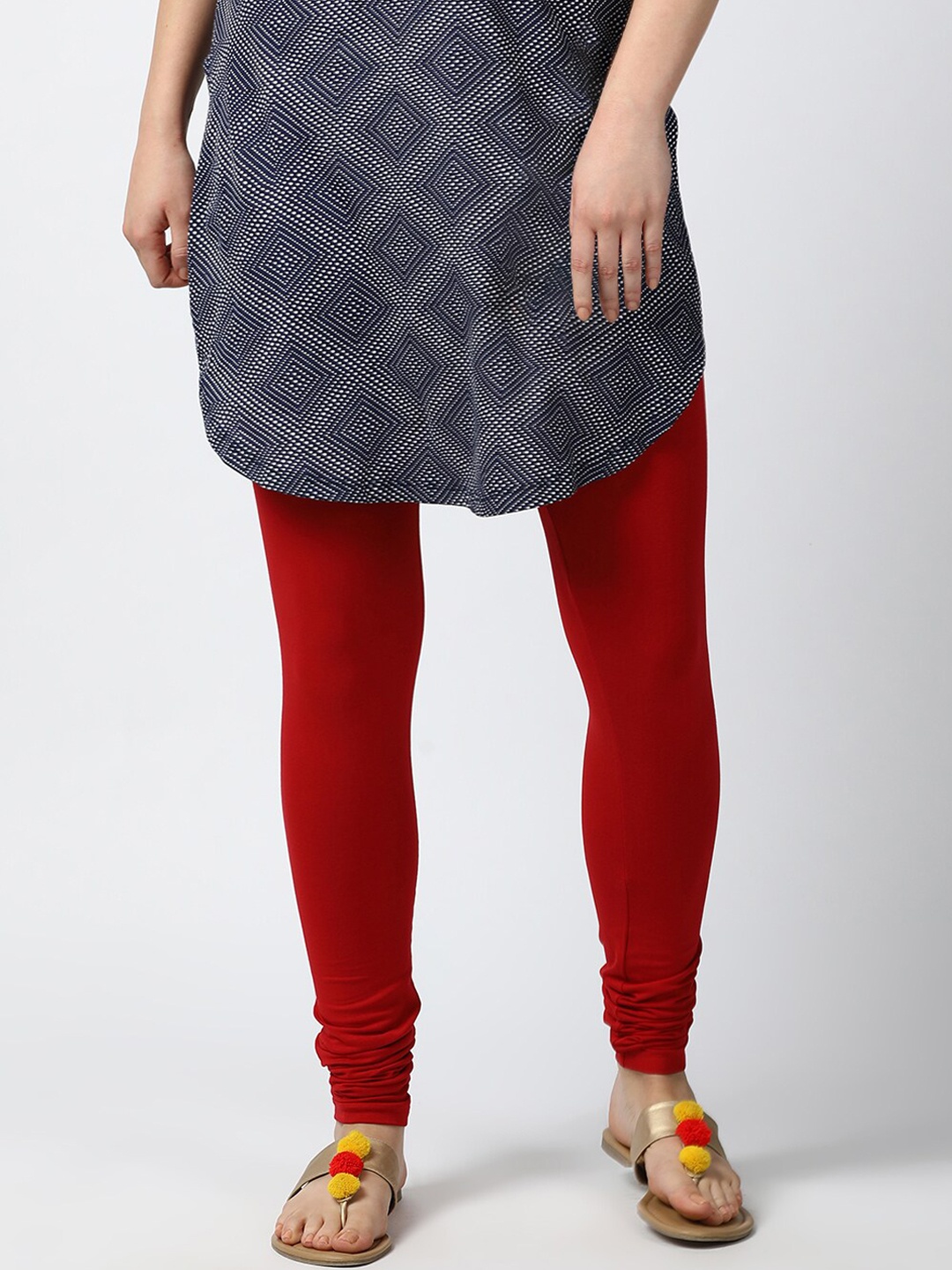 

GOLDSTROMS Women Red Solid Cotton Churidar-Length Leggings