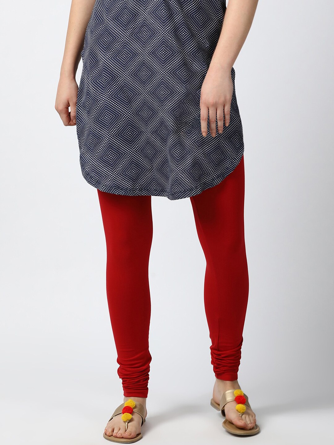 

GOLDSTROMS Women Red Solid Cotton Churidar-Length Leggings