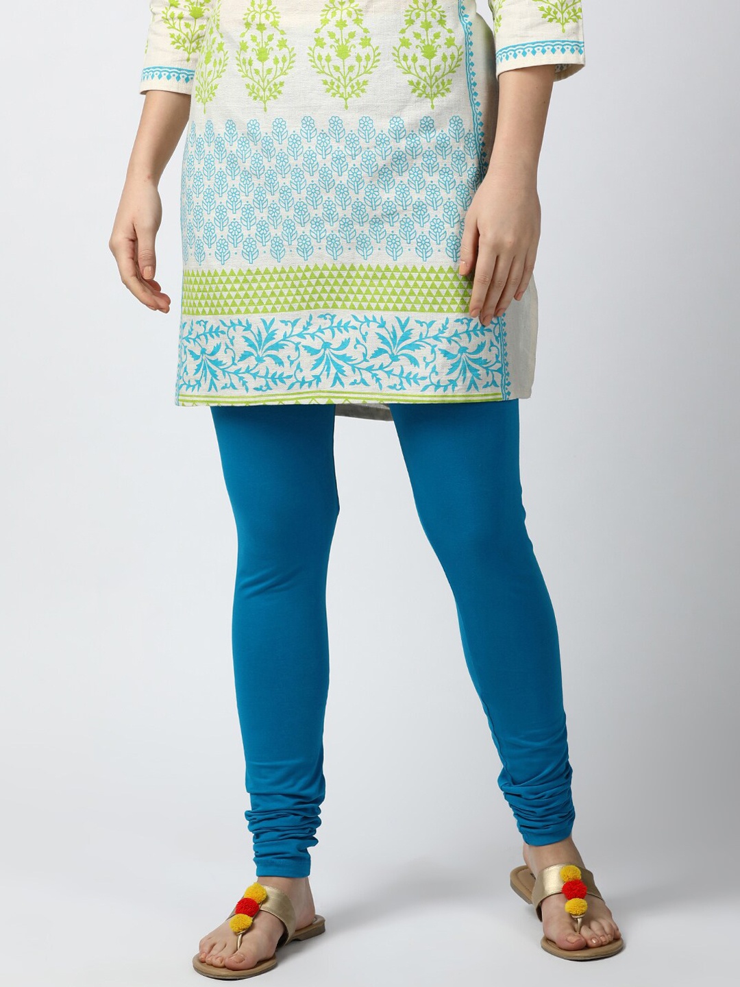 

GOLDSTROMS Women Turquoise Blue Solid Cotton Churidar-Length Leggings