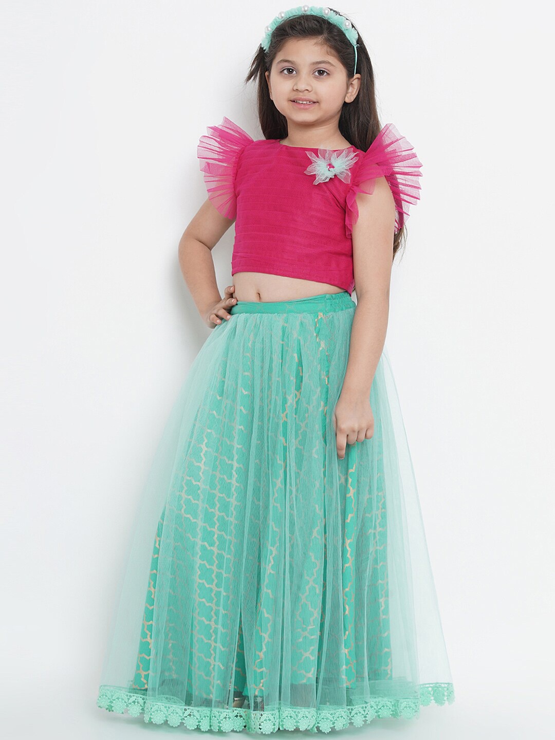 

Bitiya by Bhama Girls Sea Green & Pink Ready to Wear Lehenga & Blouse With Dupatta