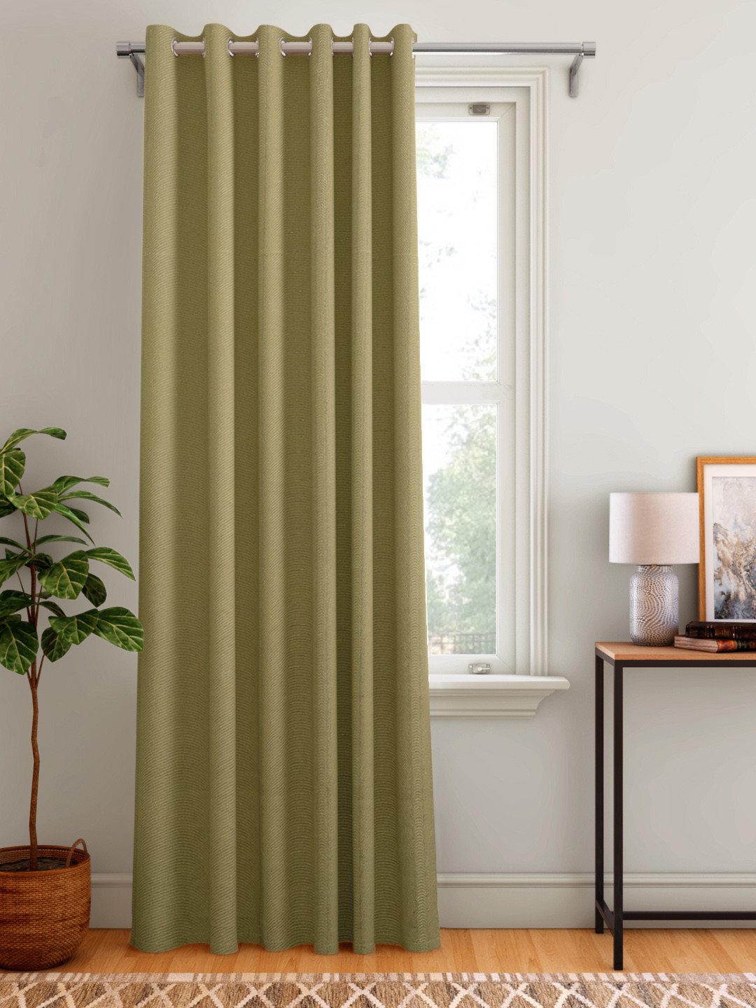 

Aura Olive Green Self Design Door Curtain