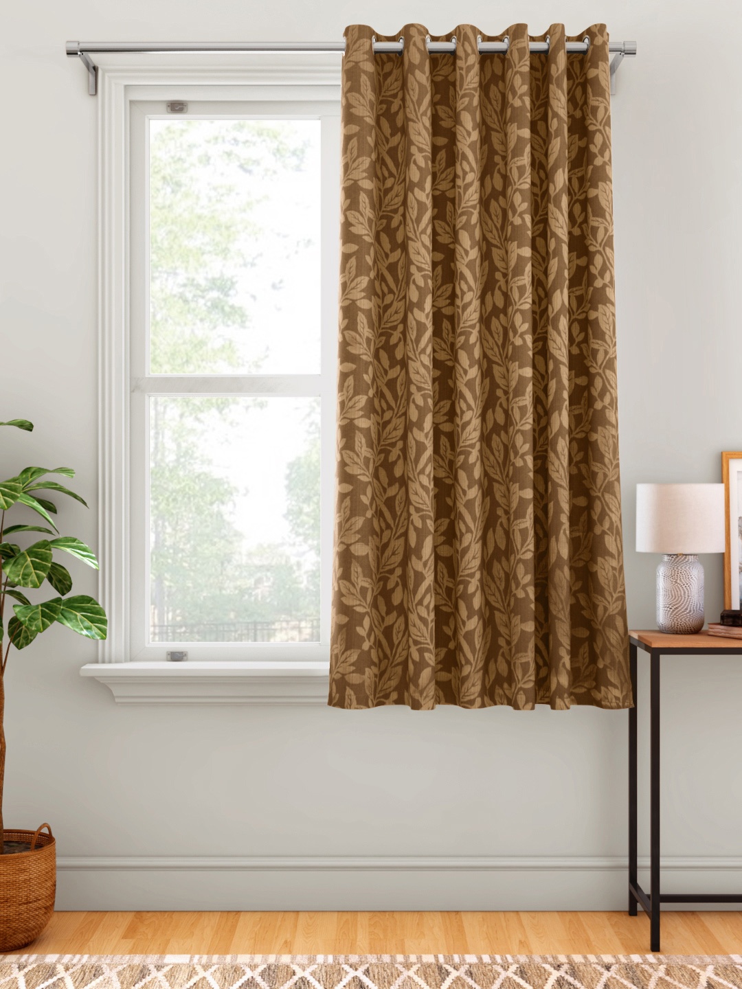 

Aura Brown Leaves Print Single Window Curtain
