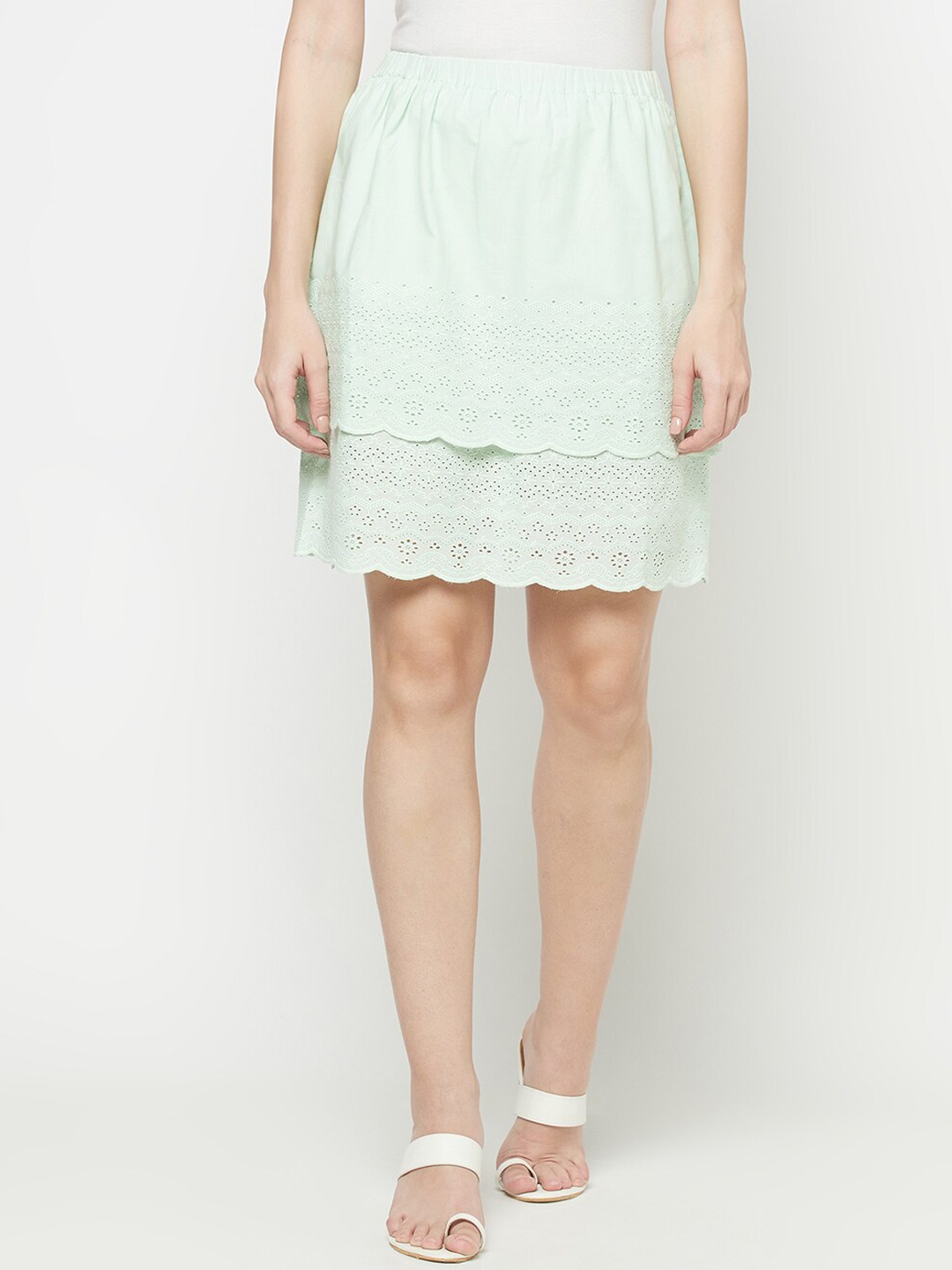 

Purple State Women Sea Green Self Design Pure Cotton Schiffli Tiered Mini Skirt