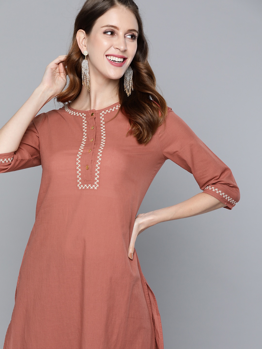 

HERE&NOW Women Dusty Pink Pure Cotton Straight Kurta with Trousers