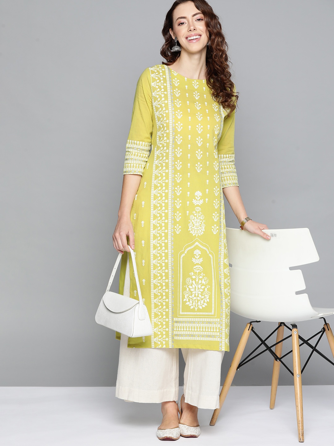 

HERE&NOW Women Lime Green & White Floral Printed Kurta
