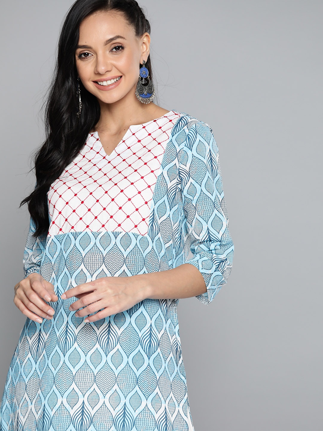 

HERE&NOW Women Blue & Off White Pure Cotton Ethnic Motifs Print Kurta
