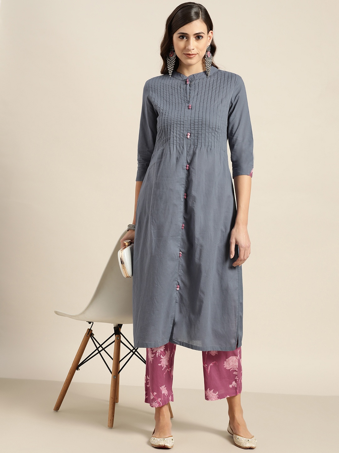 

Moda Rapido Women Blue & Pink Pleated Pure Cotton Kurta with Trousers