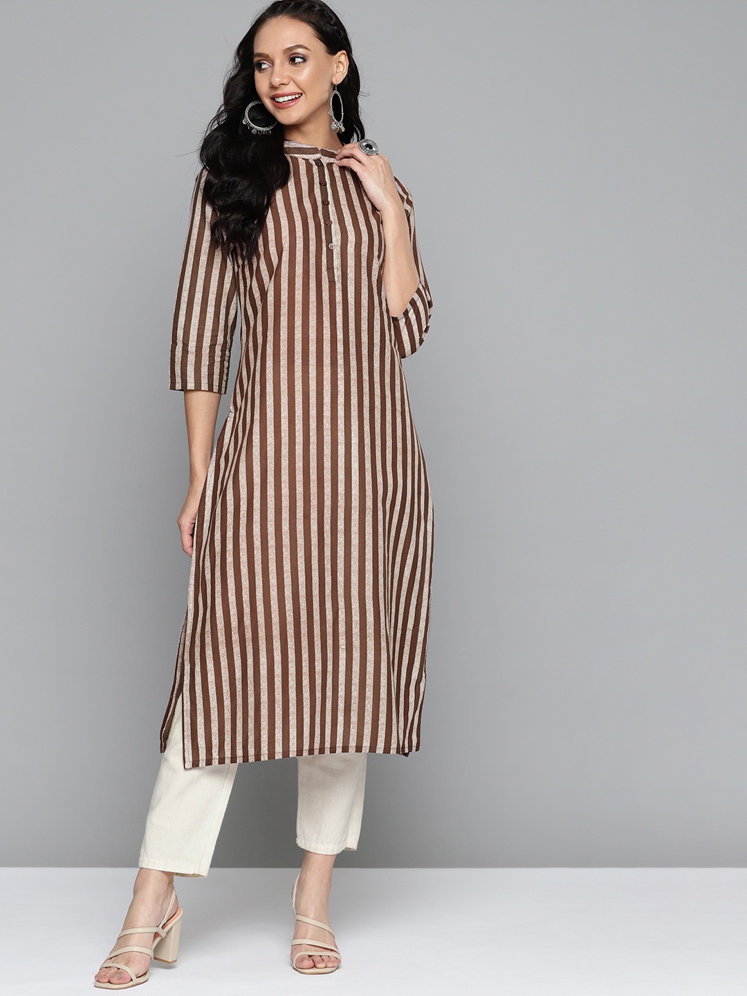 

HERE&NOW Women Brown & Beige Striped Kurta