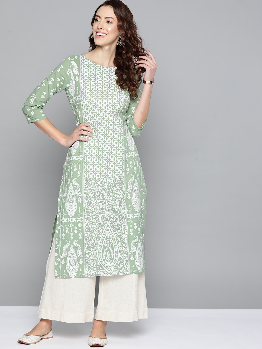 

HERE&NOW Women Green & White Ethnic Motifs Printed Kurta