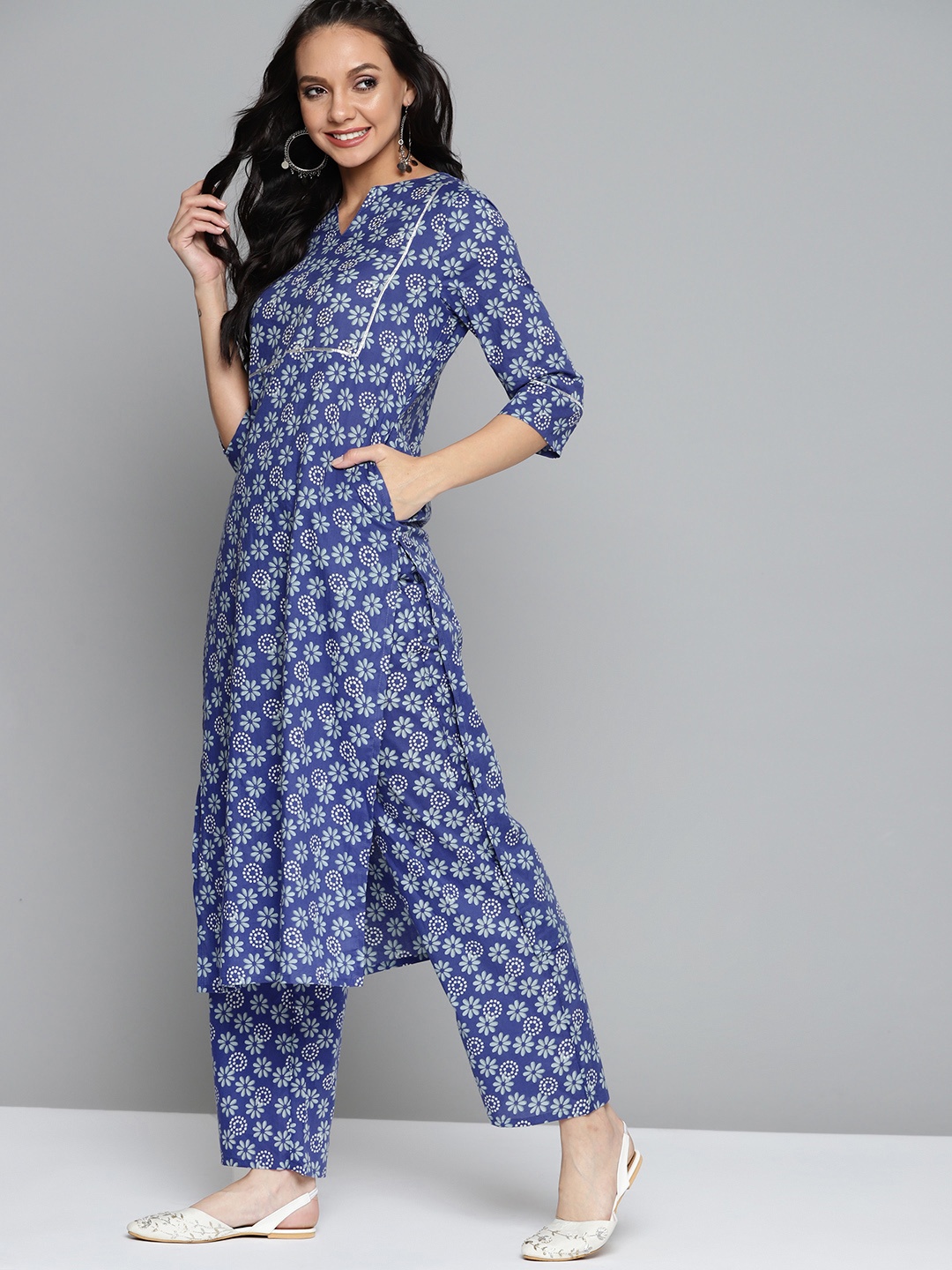 

HERE&NOW Women Navy Blue & White Ethnic Printed Pure Cotton Kurta with Palazzos