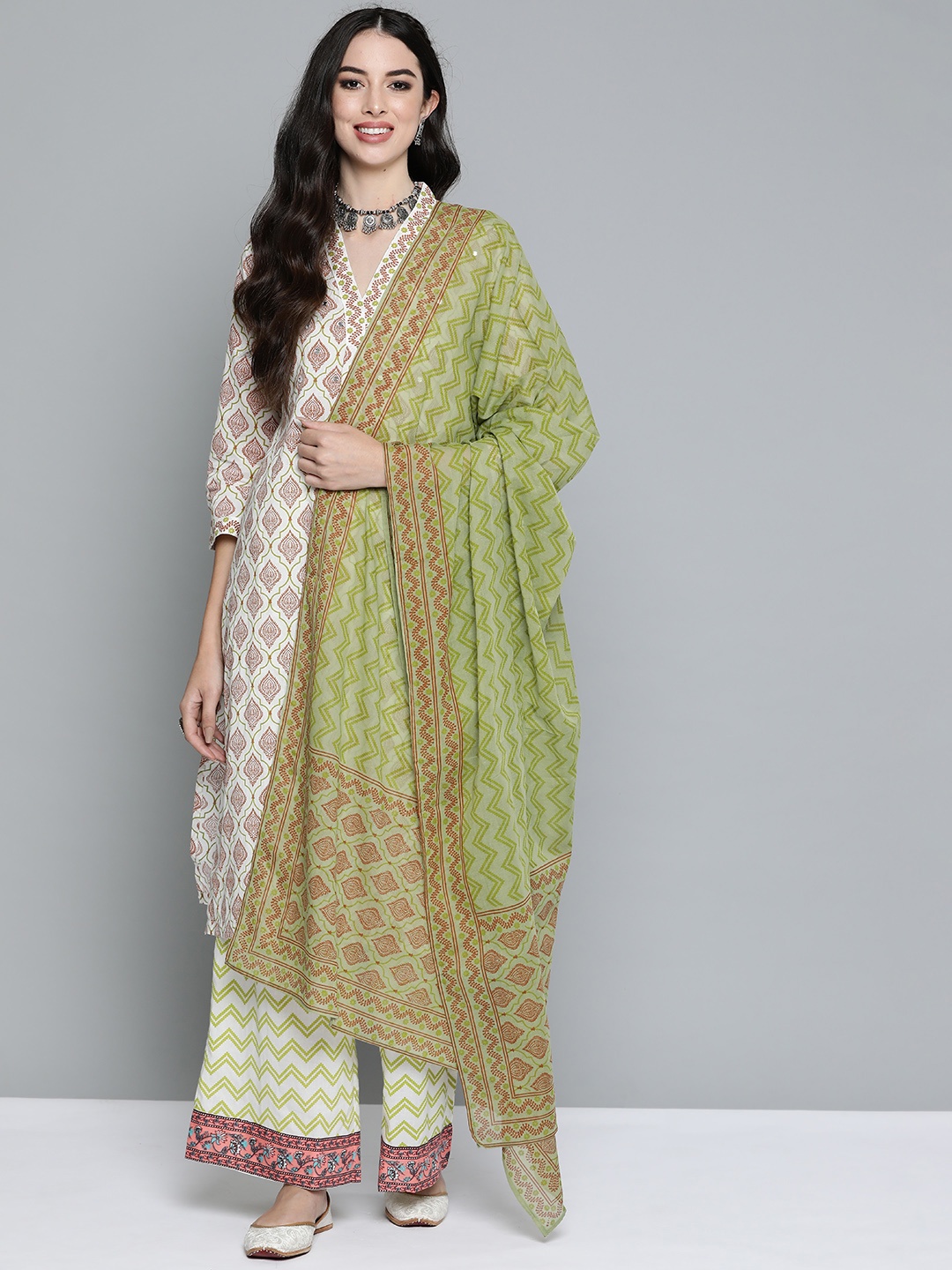 

HERE&NOW Women Off White Pure Cotton Ethnic Motifs Printed Kurta Set With Dupatta