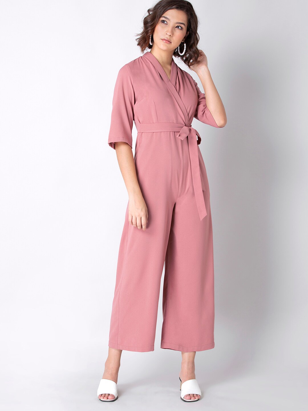 

FabAlley Women Pink Solid Jumpsuit With Tie-Up Belt