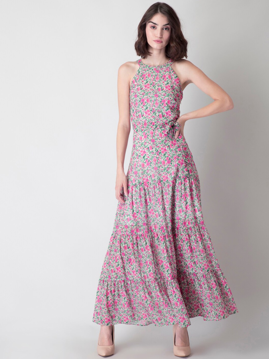 

FabAlley Pink & Green Floral Printed Halter Neck Belted Georgette Maxi Dress