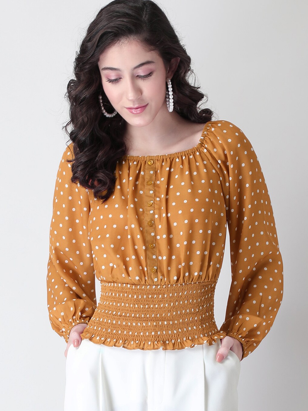 

FabAlley Mustard Yellow & White Polka Dot Printed Georgette Blouson Top