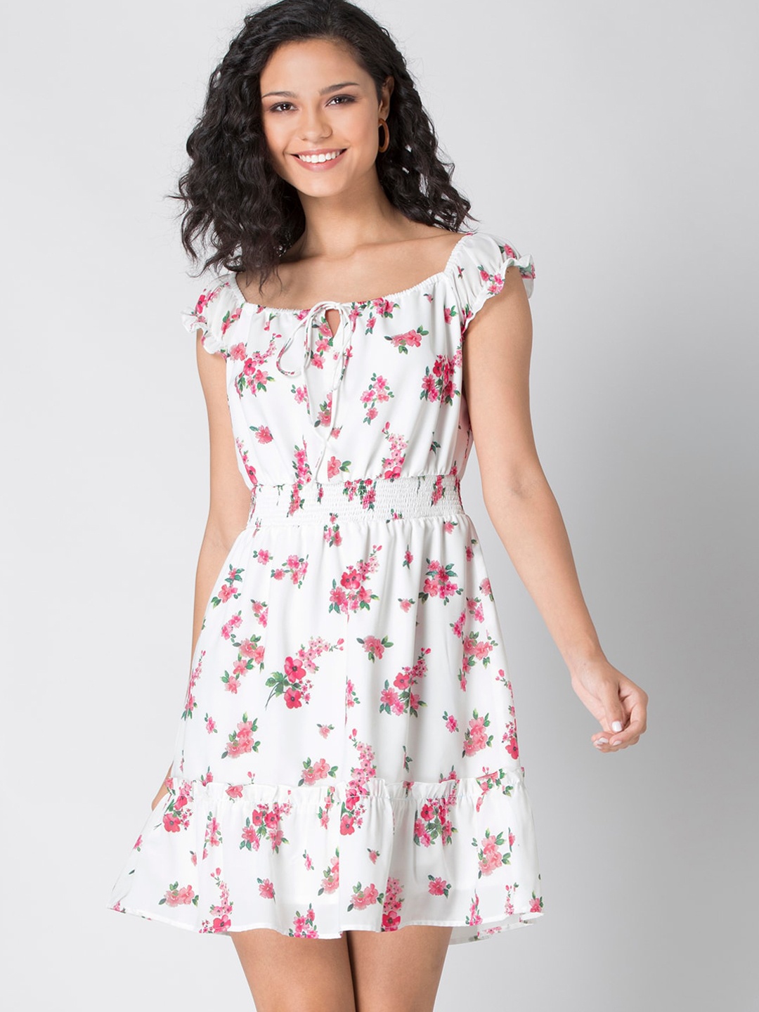 

FabAlley White & Red Floral Printed Tie-Up Neck Smocked Georgette Dress