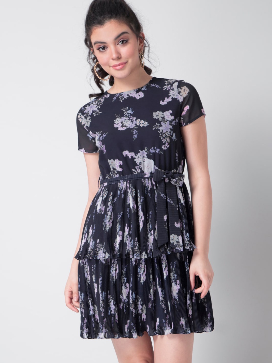 

FabAlley Navy Blue & Purple Floral Printed Layered Belted Georgette Dress