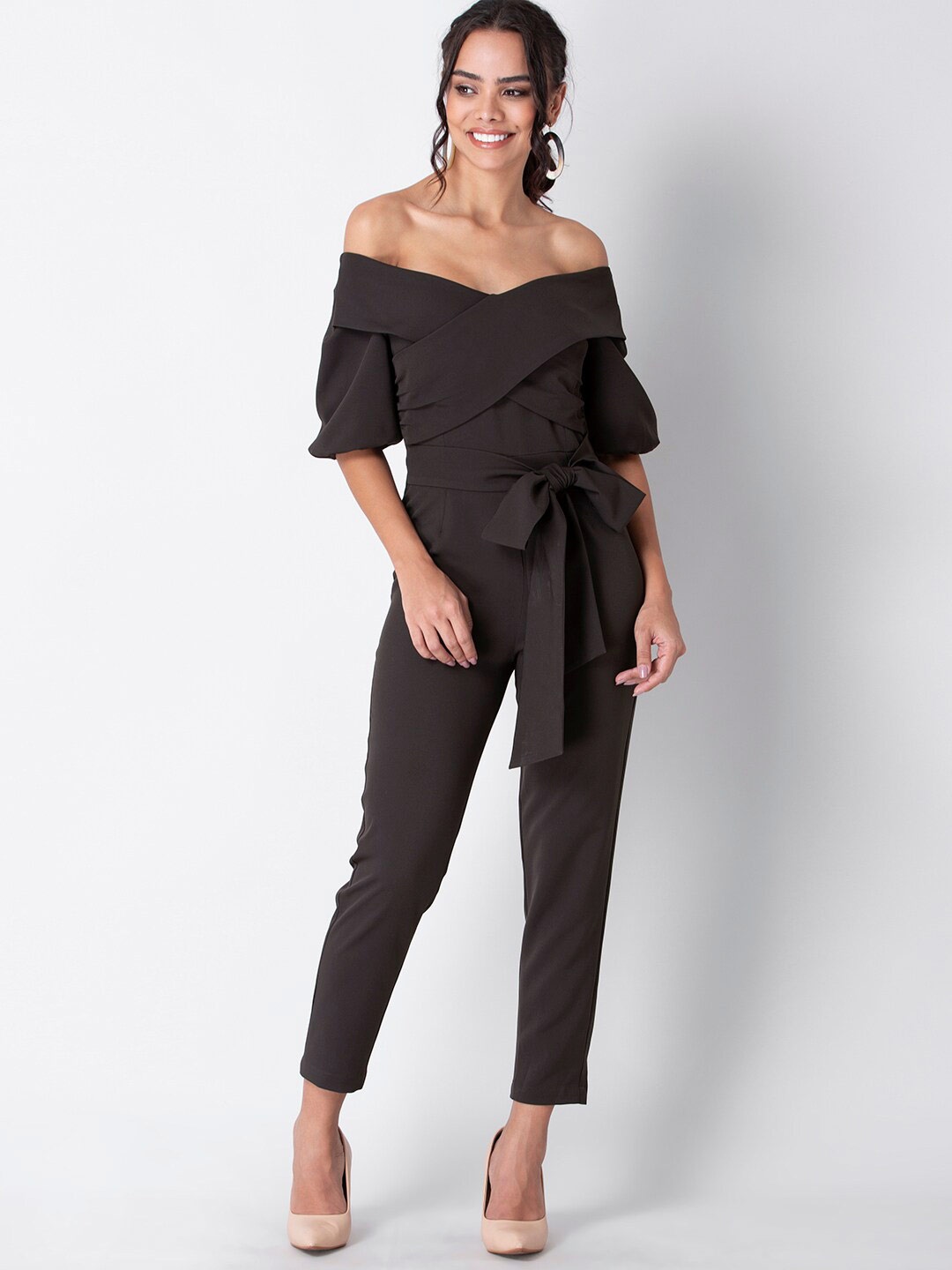 

FabAlley Women Brown Solid Off Shoulder Jumpsuit With Tie-Up Belt