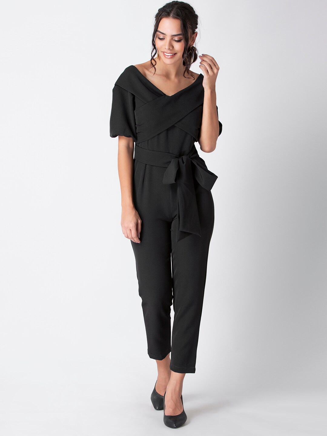 

FabAlley Women Black Solid Off Shoulder Jumpsuit With Tie-Up Belt