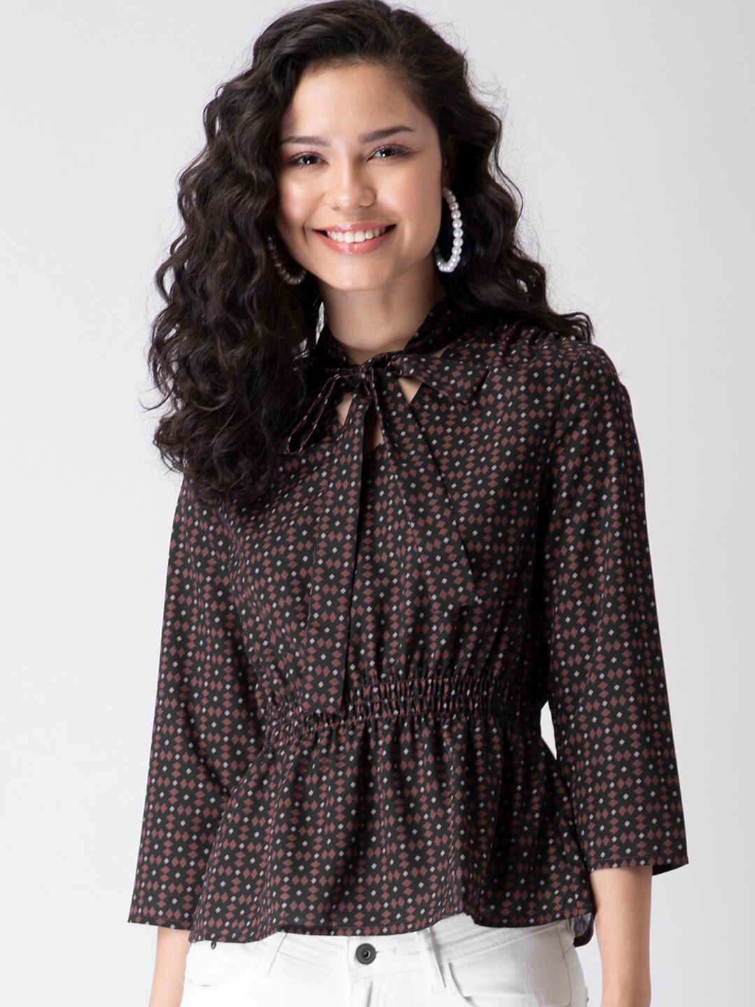 

FabAlley Black & White Geometric Printed Tie-Up Neck Crepe Peplum Top