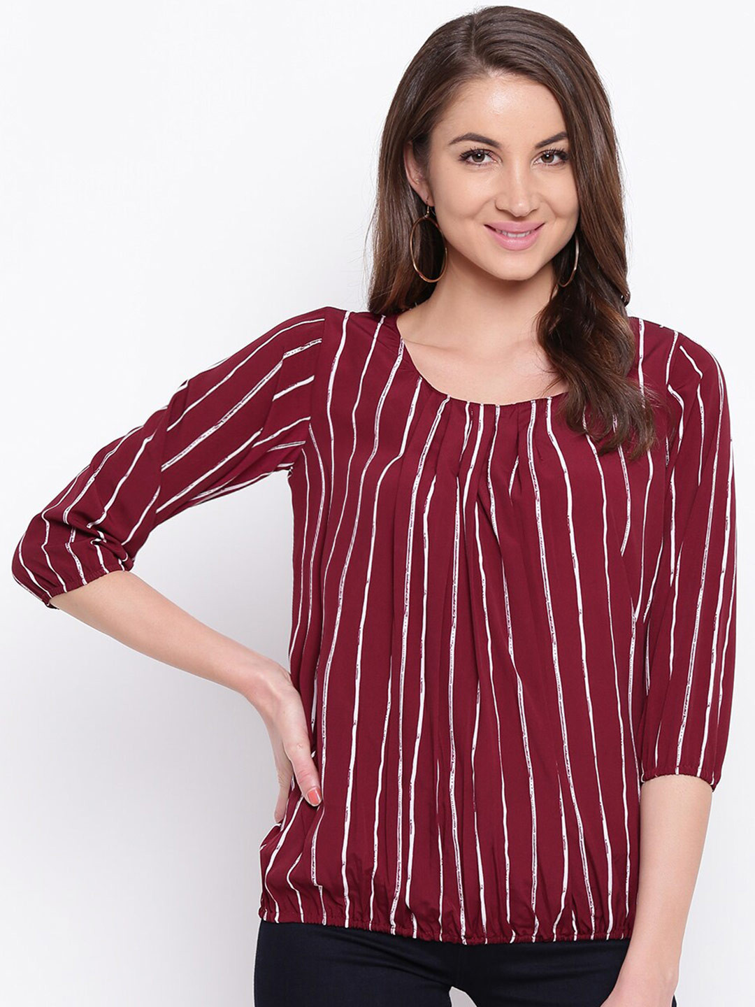 

Mayra Maroon Striped Blouson Top