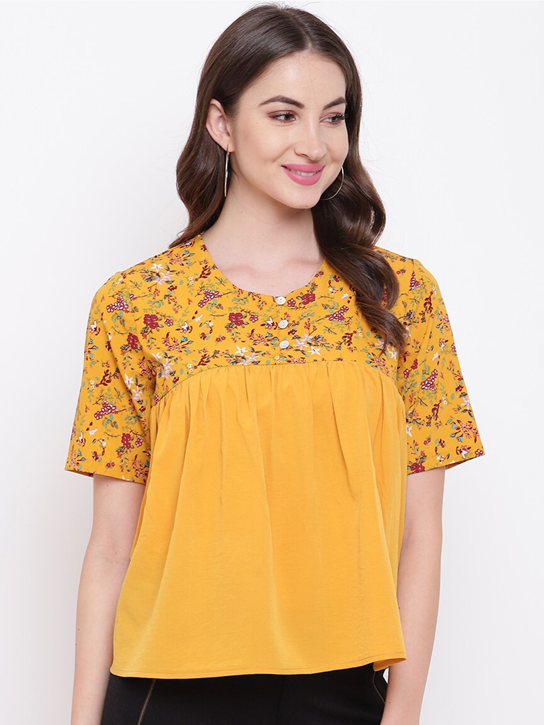 

Mayra Mustard Yellow & Pink Floral Printed A-Line Top