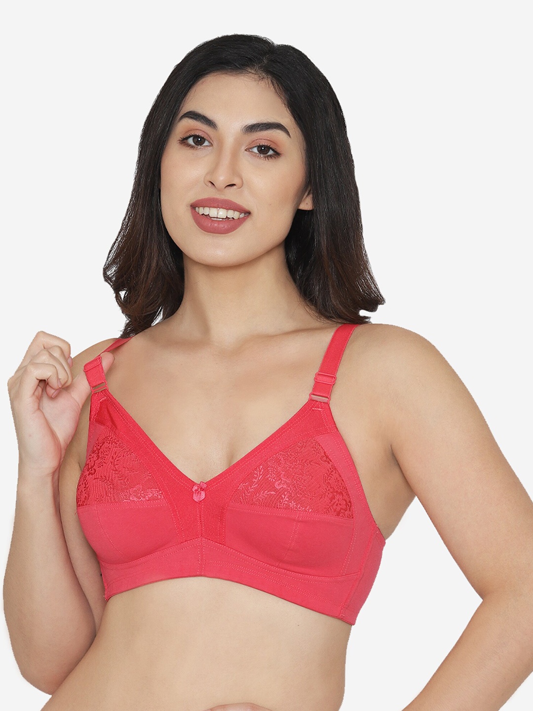 

MAASHIE Women Coral Floral Lace Full Coverage Wirefree Non-Padded T-shirt Bra