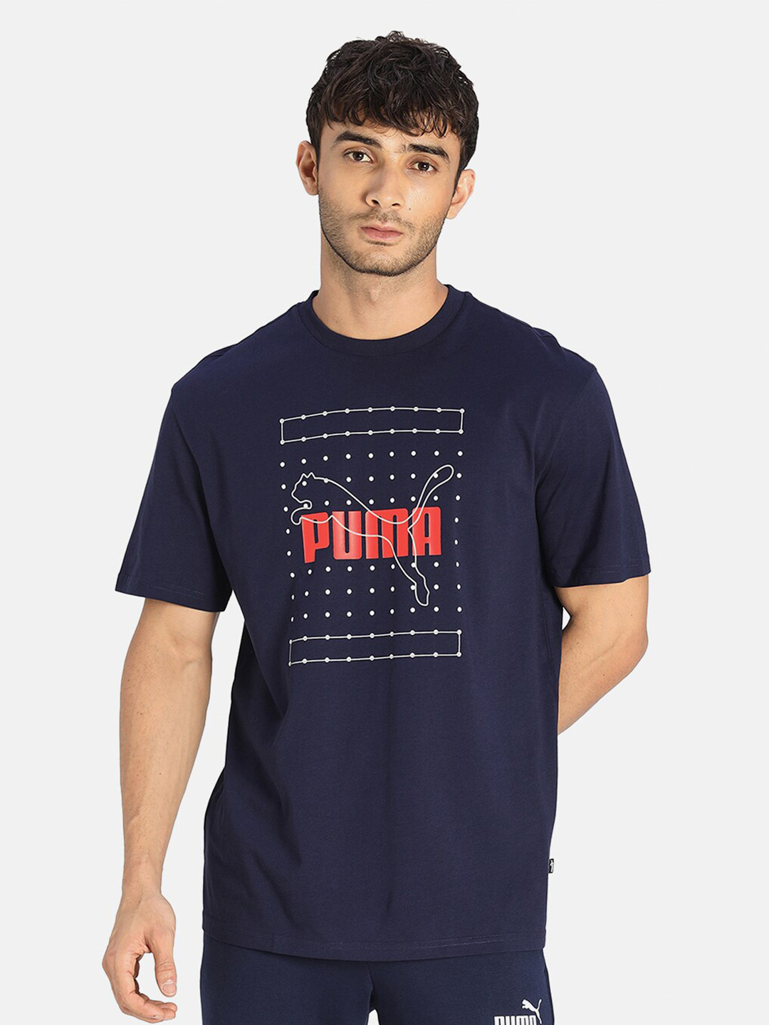 

Puma Men Navy Blue & White Reflective Graphic Loose T-Shirt