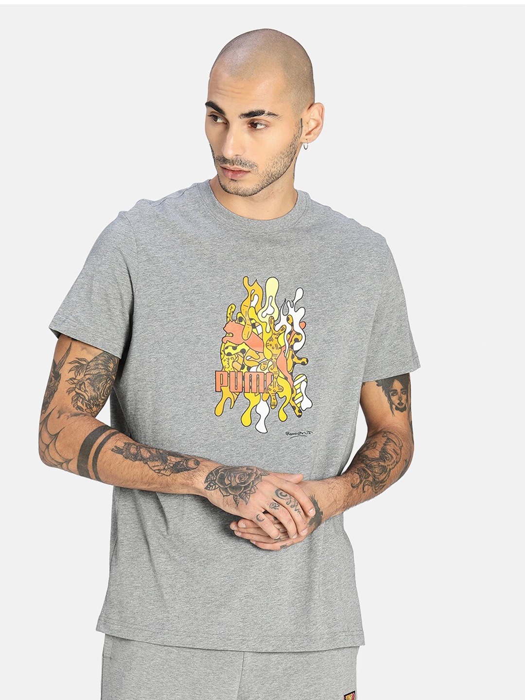 

Puma x BRITTO Unisex Grey & Yellow Printed Loose T-Shirt
