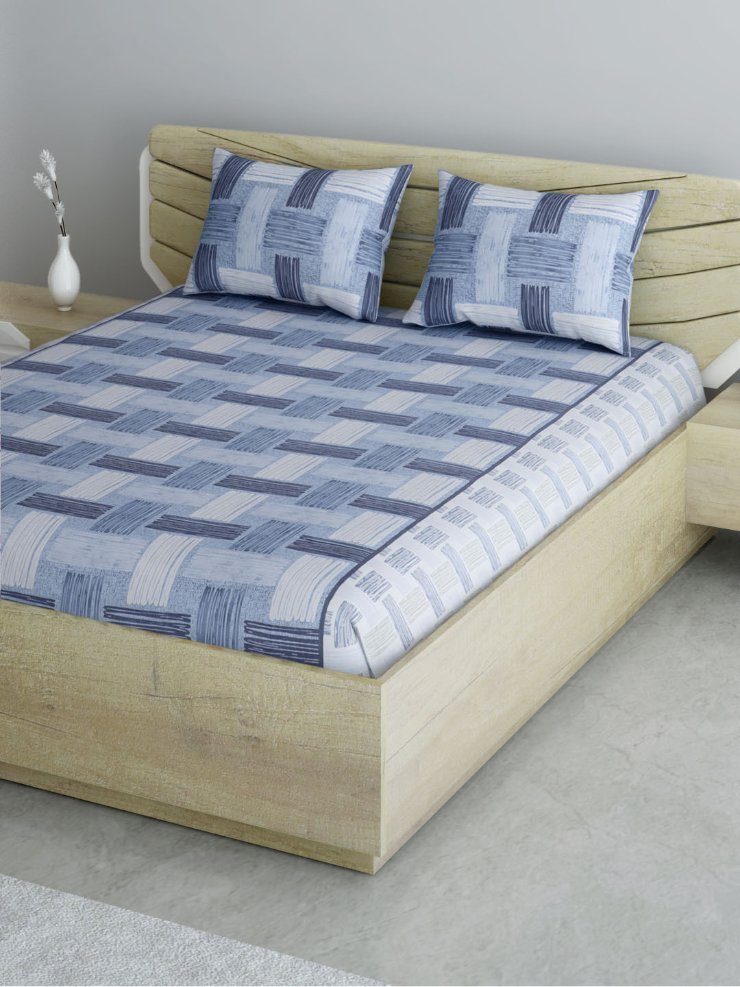 

Aura Blue & Grey Cotton Basketweave Printed 144 TC Queen Bedsheet with 2 Pillow Covers