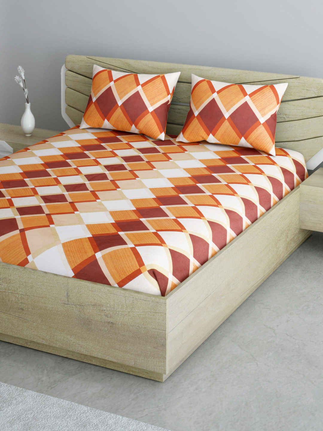 

Aura Orange & White Geometric 144 TC 120 GSM Cotton Queen Bedsheet with 2 Pillow Covers