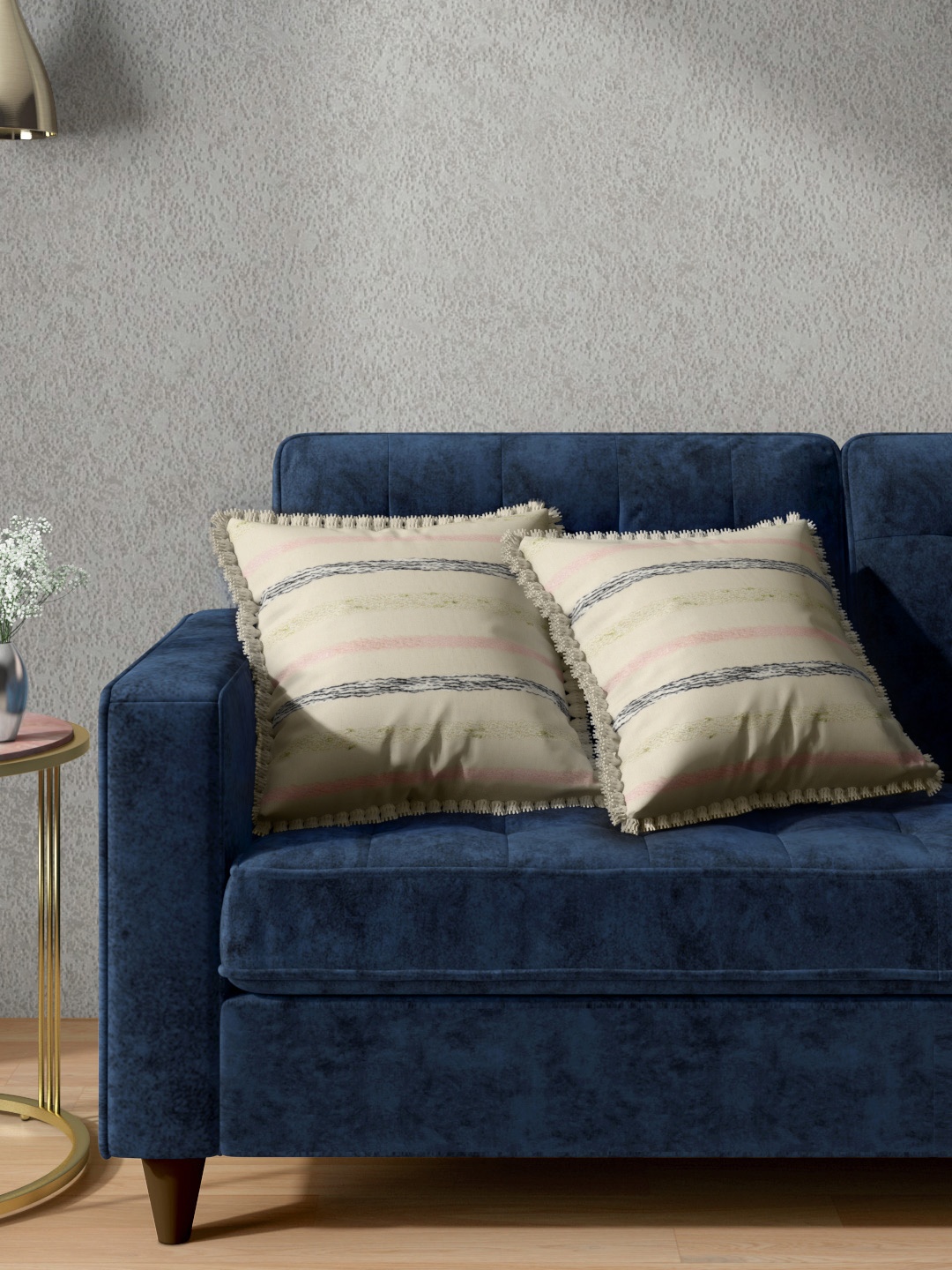 

Aura Set of 2 Beige & Black Striped Tasselled Square Cushion Covers