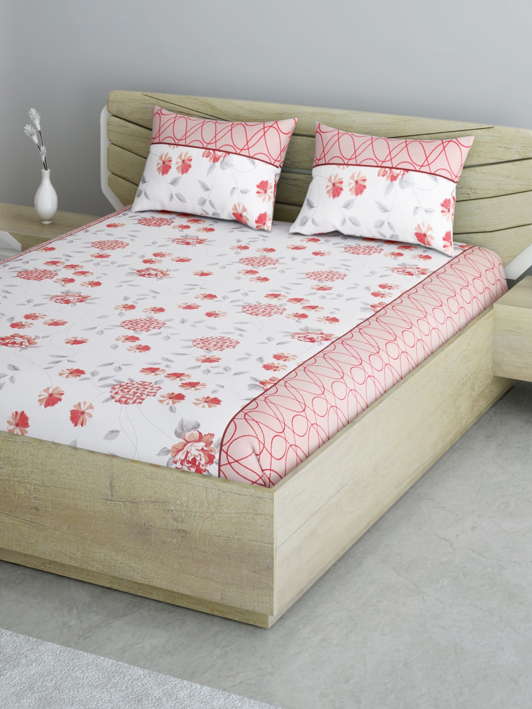 

Aura White & Rust Floral 144 TC 120 GSM Cotton Queen Bedsheet with 2 Pillow Covers