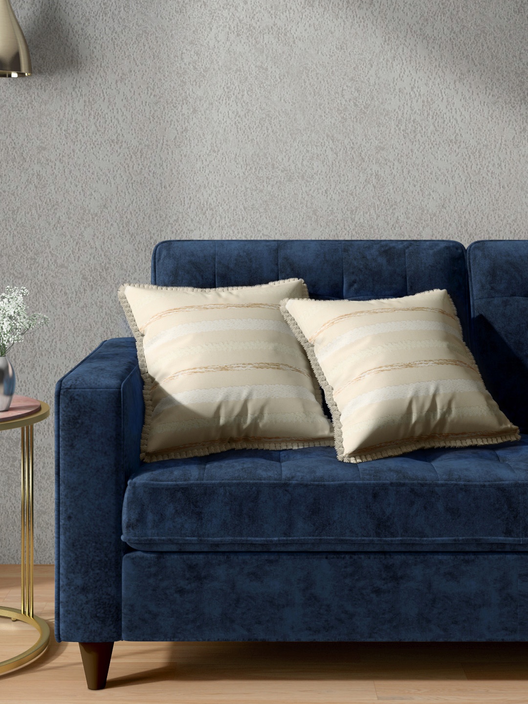 

Aura Set of 2 Beige Striped Fringed Square Cushion Covers