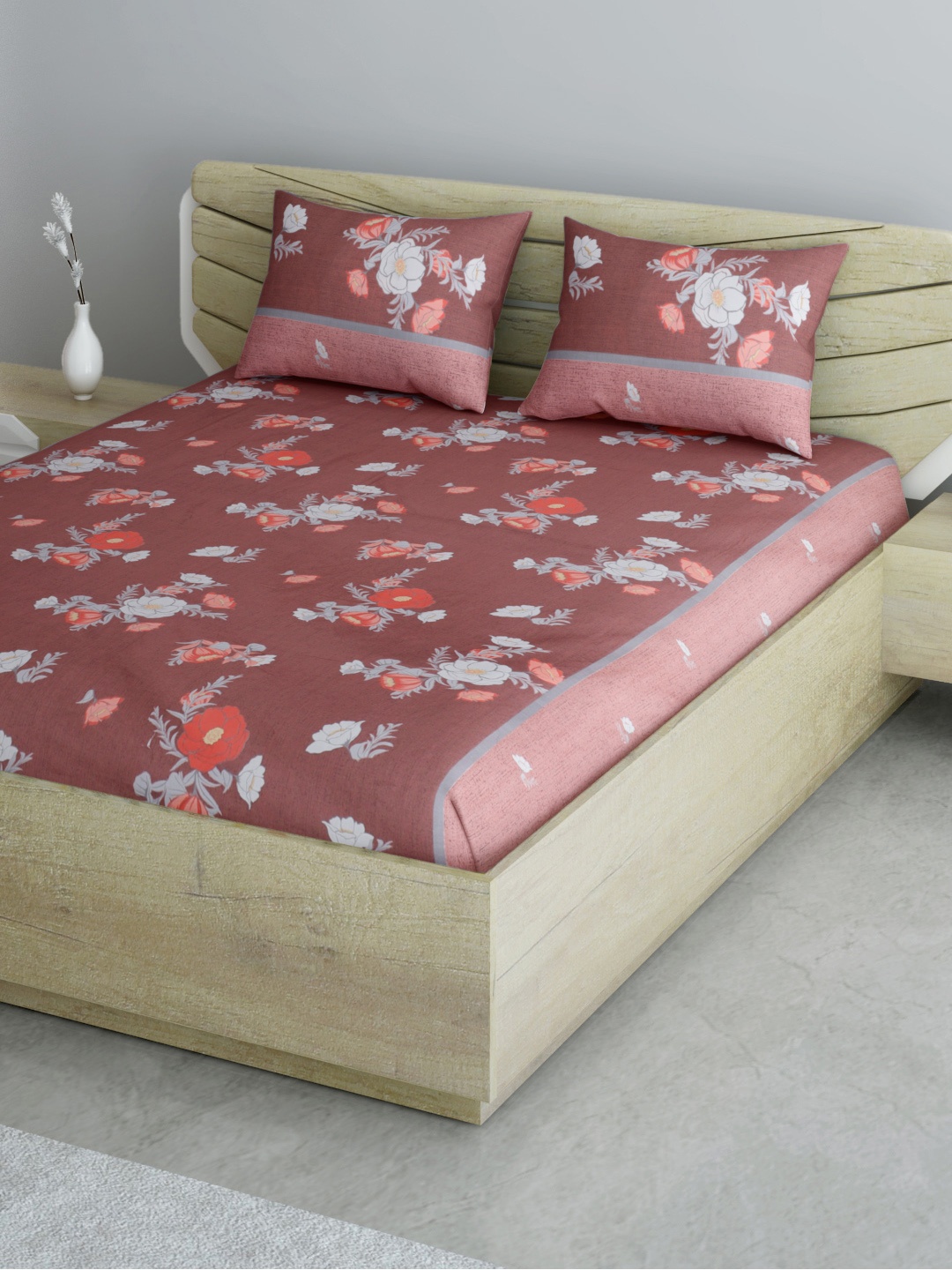 

Aura Brown & Grey Floral 144 TC 120 GSM Cotton Queen Bedsheet with 2 Pillow Covers