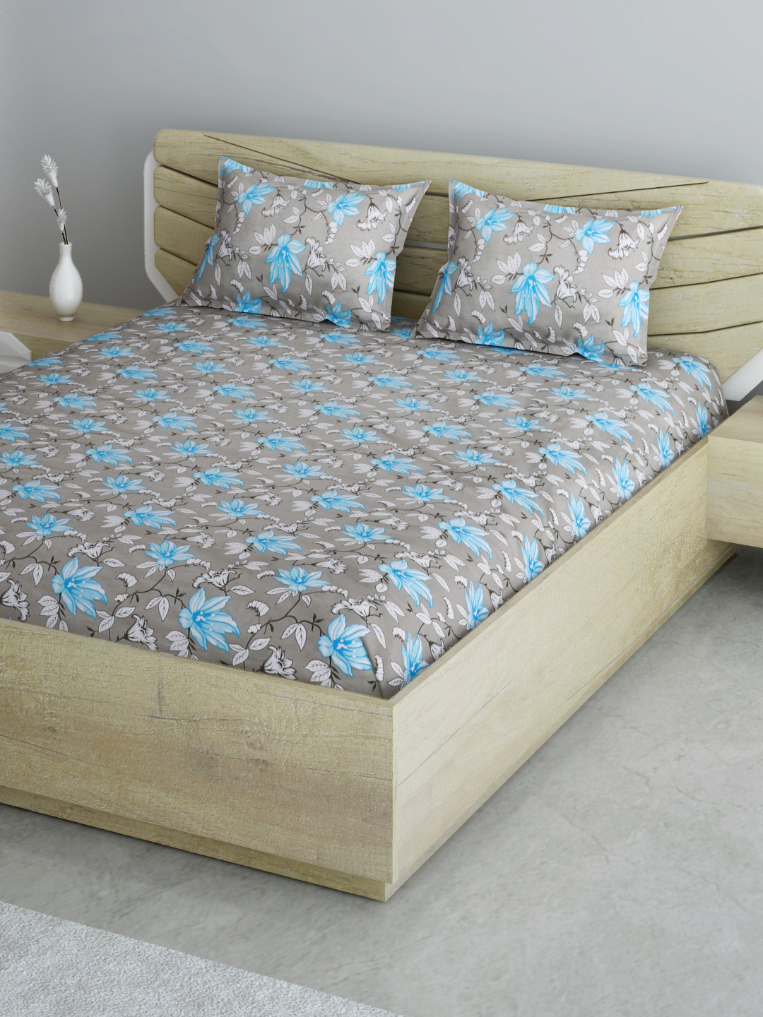 

Aura Grey & Blue Pure Cotton Floral 120 GSM Queen Bedsheet with 2 Pillow Covers