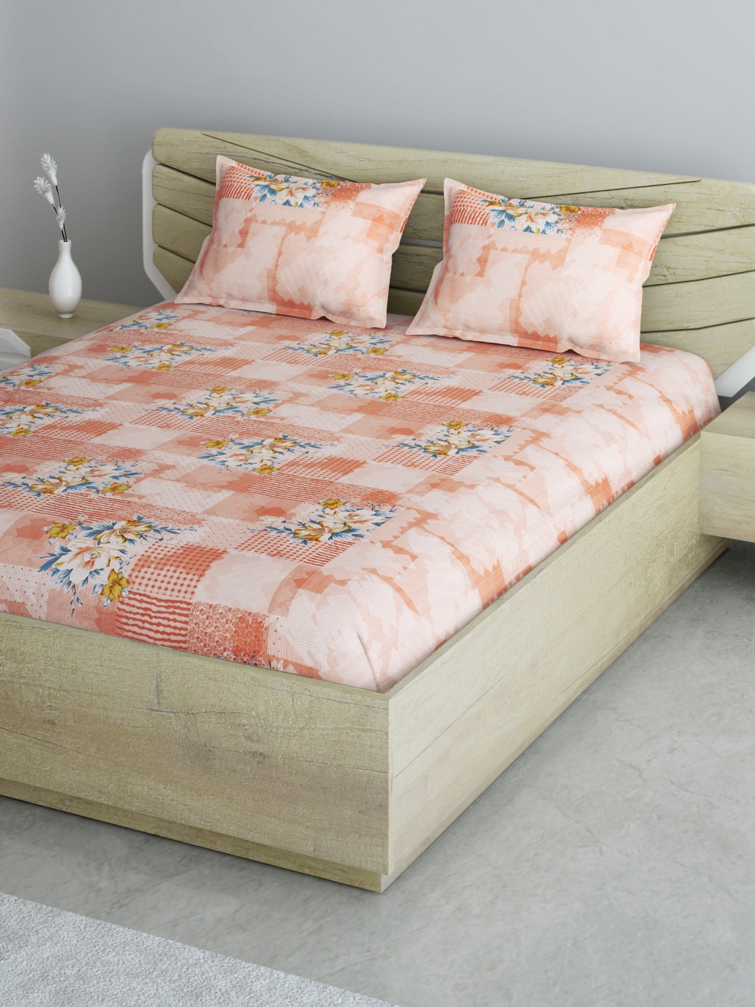 

Aura Peach-Coloured & Blue Floral 144 TC 120 GSM Queen Bedsheet with 2 Pillow Covers