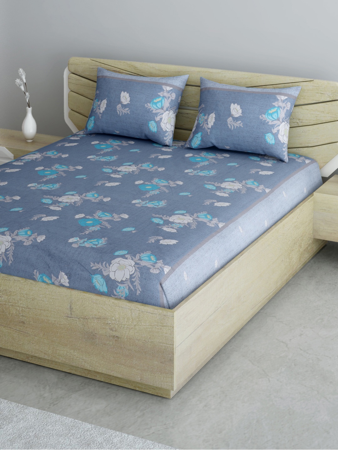 

Aura Blue & White Cotton Floral Printed 144 TC Queen Bedsheet with 2 Pillow Covers