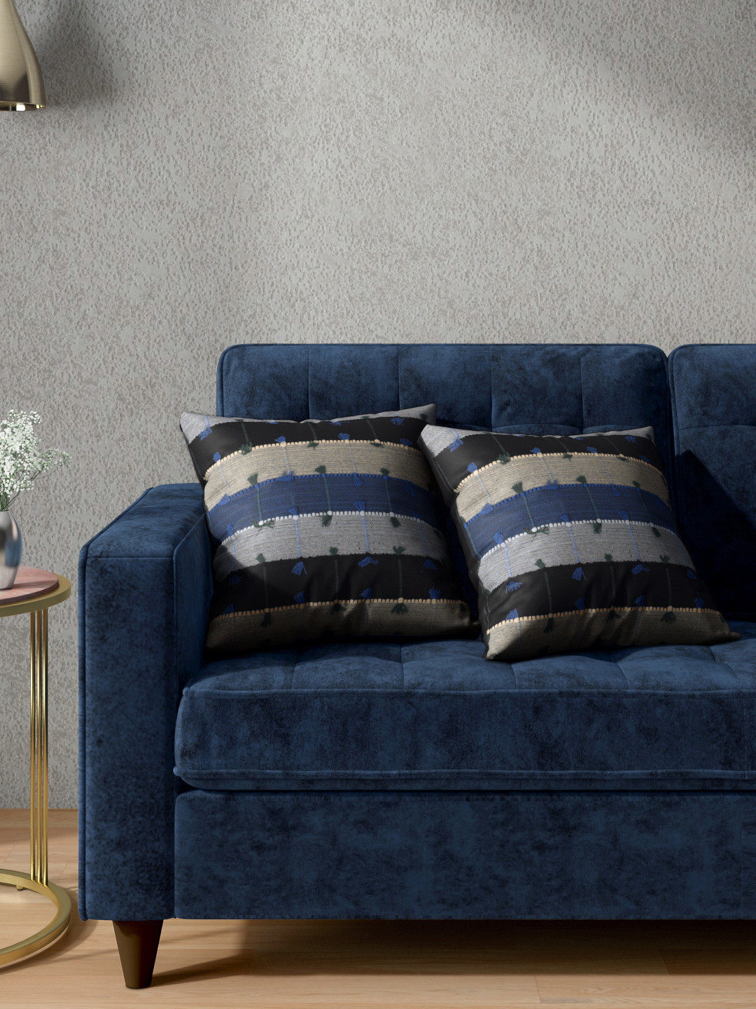 

Aura Black & Blue Set of 2 100% Cotton Striped Square Cushion Covers