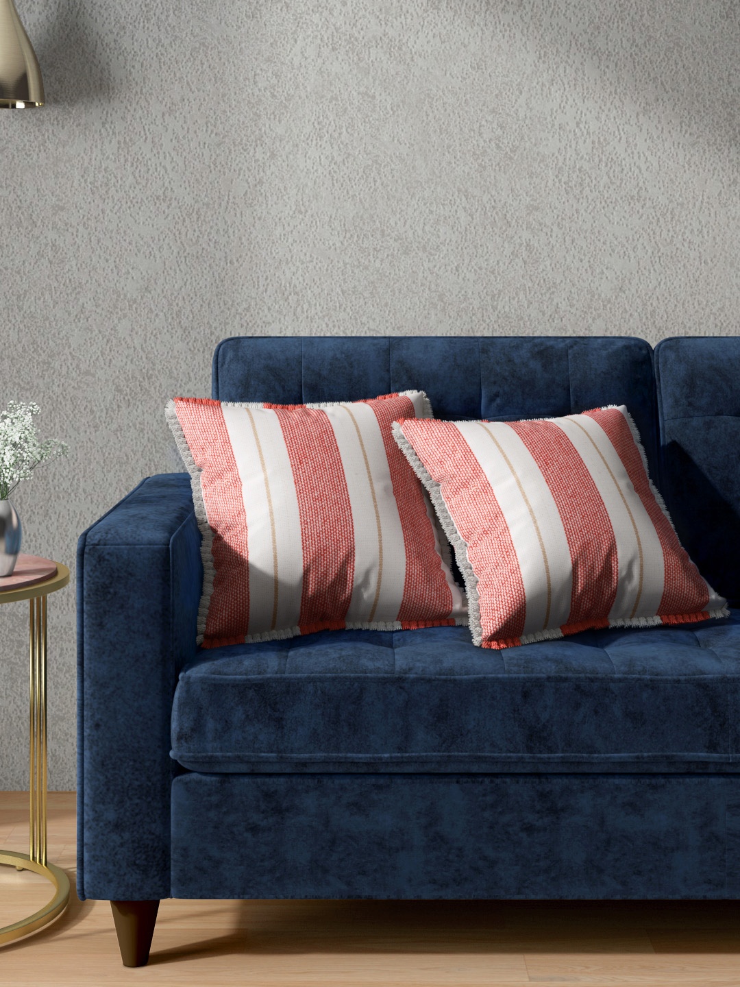 

Aura Set of 2 Beige & Red Striped Fringed Square Cushion Covers