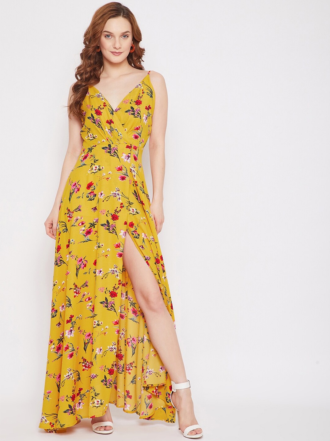 

Berrylush Women Yellow & Red Floral Crepe Wrap Maxi Dress