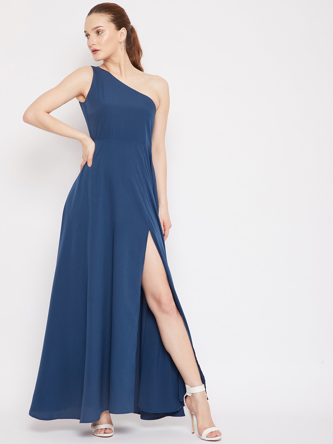 

Berrylush Women Blue One Shoulder Crepe Maxi Dress