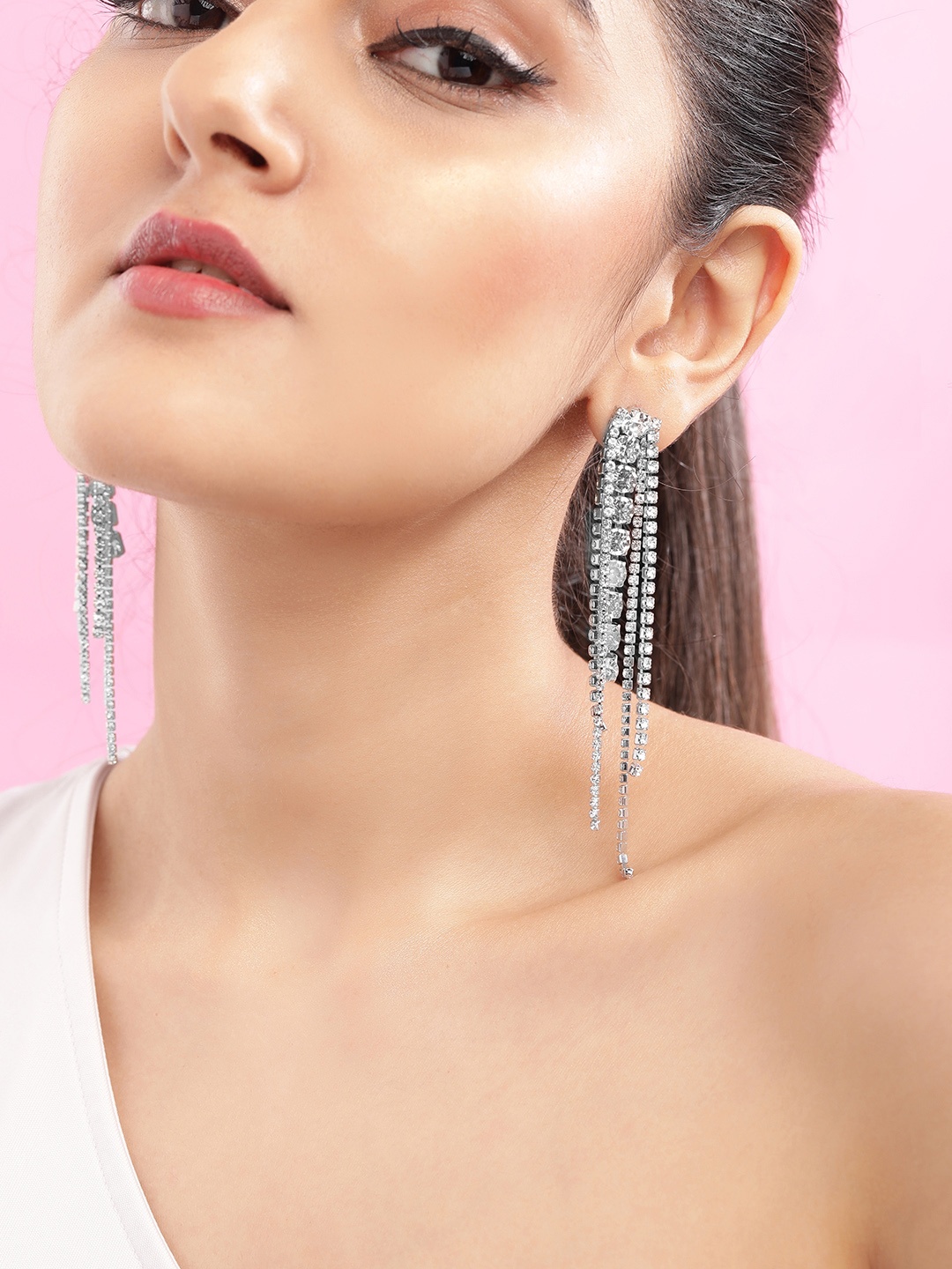 

TOKYO TALKIES X Rubans FASHION ACCESSORIES Silver Plated Rhinestone & Crystal AD Studded Long Drop Earrings