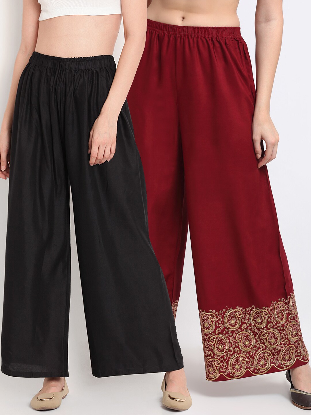 

TAG 7 Women Black & Maroon Set of 2 Palazzos