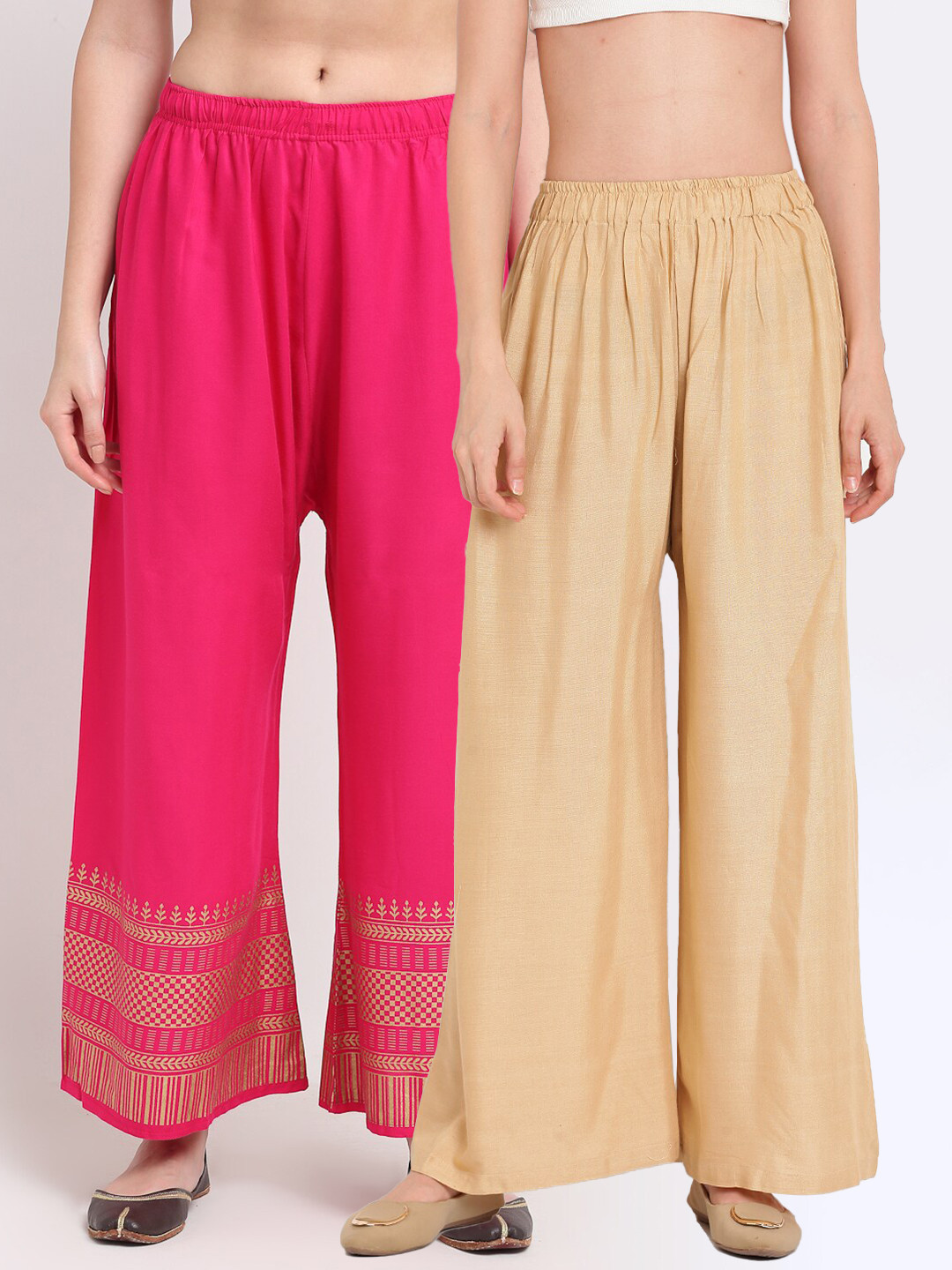 

TAG 7 Women Beige & Pink Pack of 2 Printed Palazzos